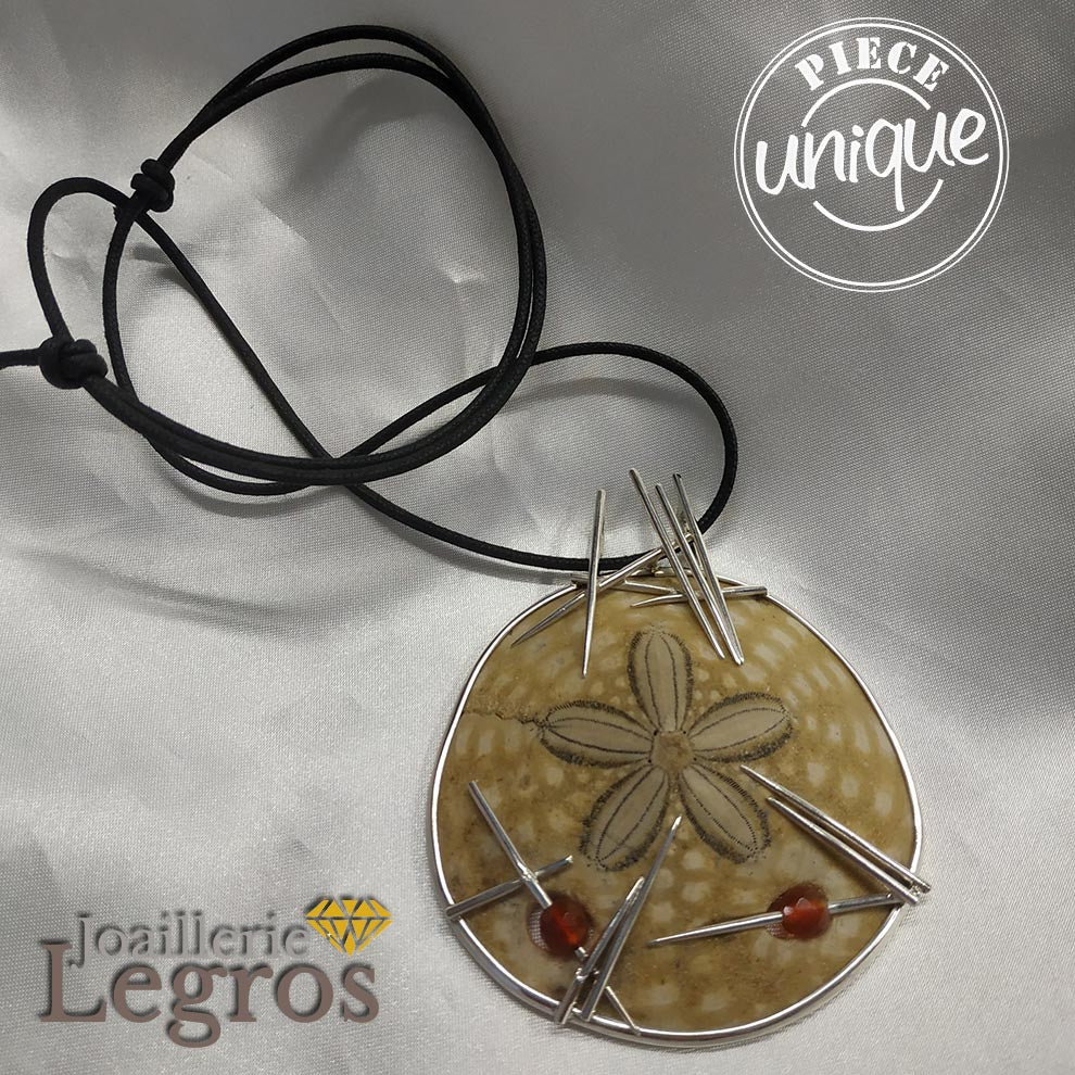 Bijou Talisman oursin fossile pierres de cornaline et argent 925 joaillerie legros bijouterie
