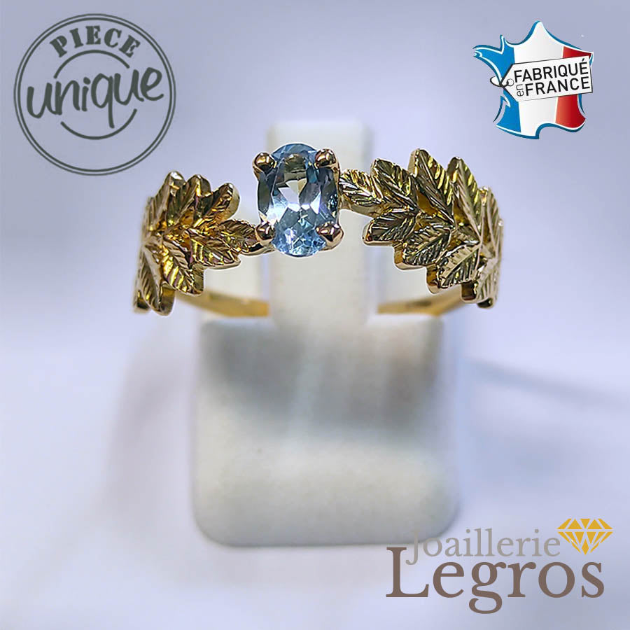 Bijou Bague aigue marine or jaune 18 carats esprit feuillage joaillerie legros bijouterie