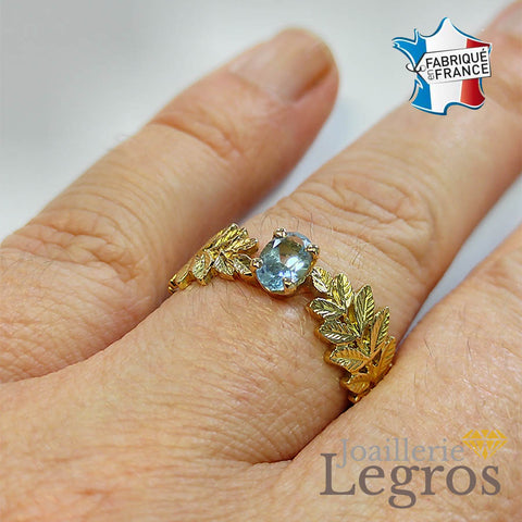 Bague aigue marine or jaune 18 carats esprit feuillage