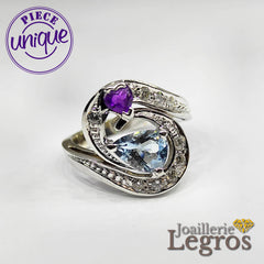Bijou Bague aigue marine améthyste diamants en or gris 18 carats joaillerie legros bijouterie