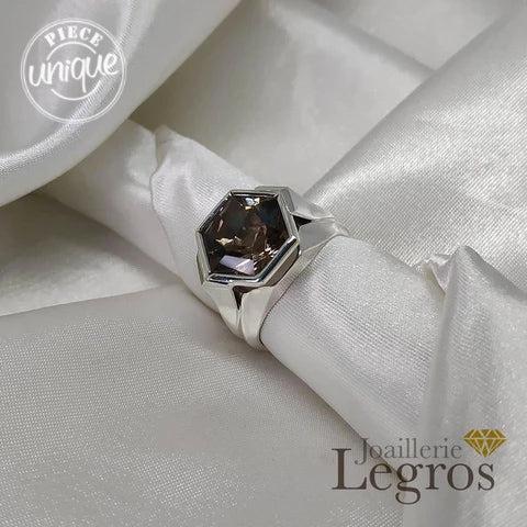 Bijou Bague chevalière argent hexagone quartz fumé joaillerie legros bijouterie