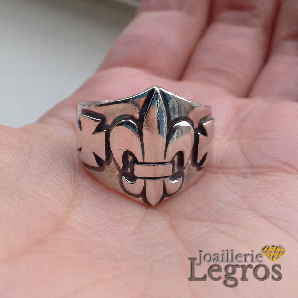 Bijou Bague Chevalière Fleur De Lys en Argent 925 joaillerie legros bijouterie