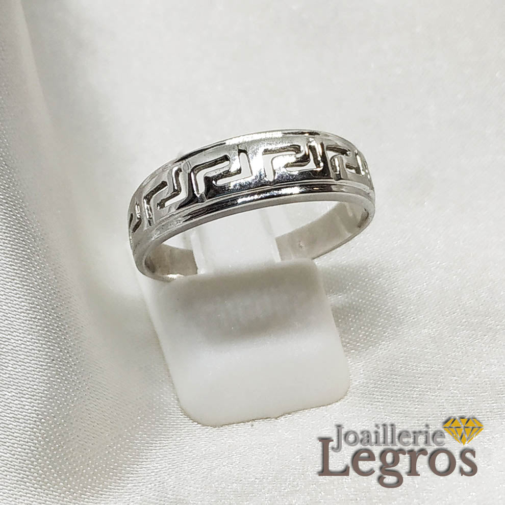 Bijou Bague clé grecque antique motif labyrinthe maya inca azteque en or blanc 18 carats joaillerie legros bijouterie