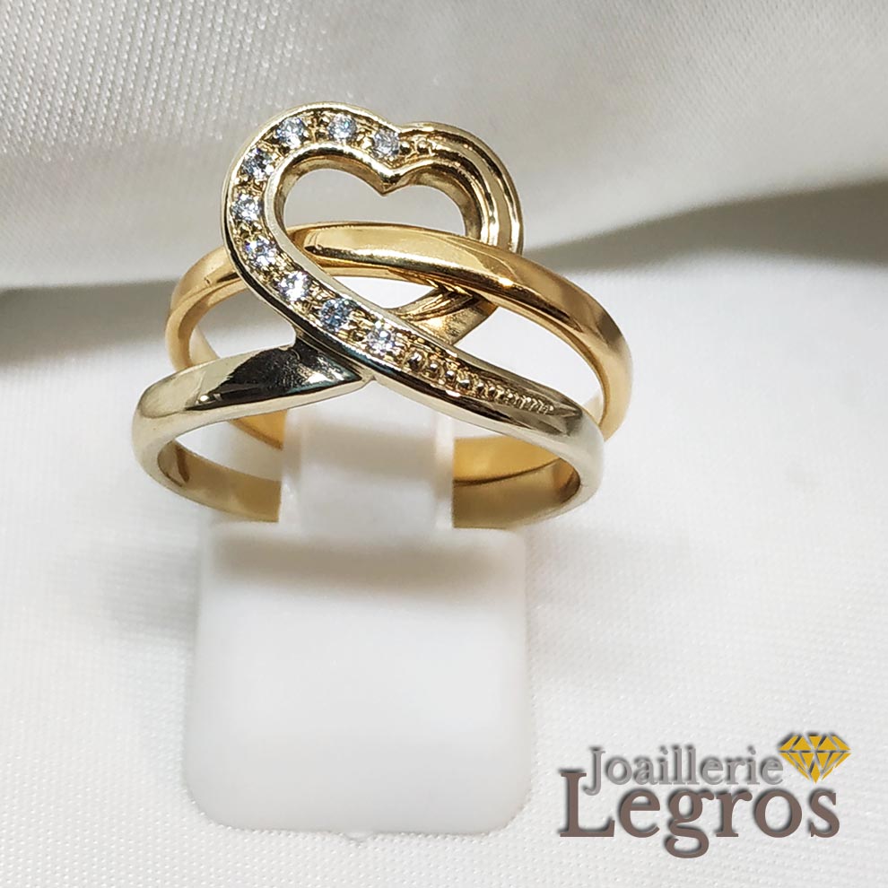 Bijou Bague 2 Ors Or blanc et Or rose 18 carats Coeur et diamants joaillerie legros bijouterie