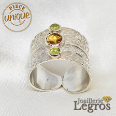 Bijou Bague feuille argent 925 avec 2 péridots et 1 citrine joaillerie legros bijouterie