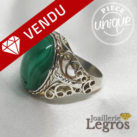 Bijou Bague Malachite Cabochon papillon ajouré en Argent 925 joaillerie legros bijouterie
