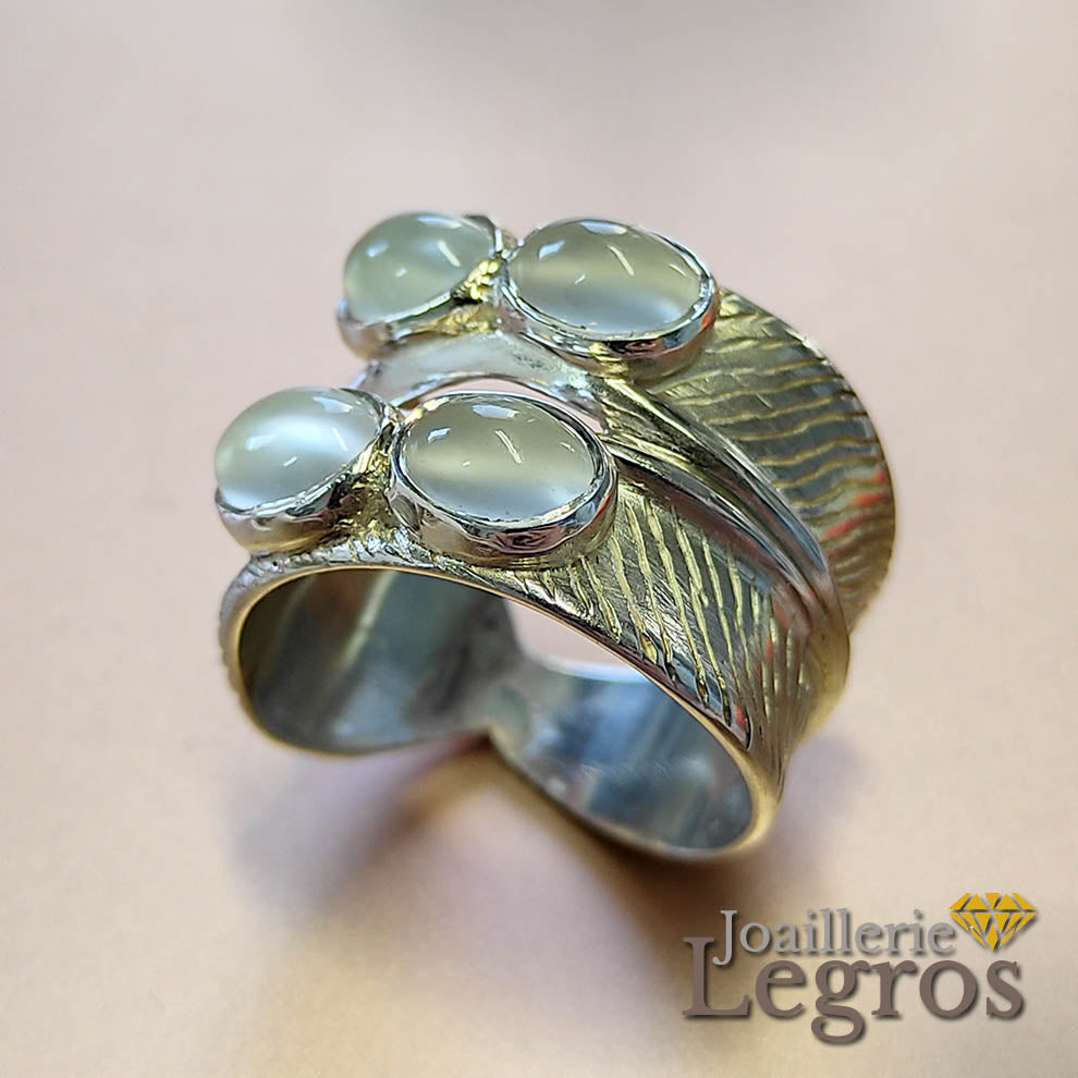 Bijou Bague plume argent et ses 4 pierres de lune joaillerie legros bijouterie