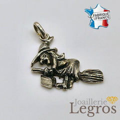 Bijou Pendentif sorcière sur son balais en argent 925 joaillerie legros bijouterie