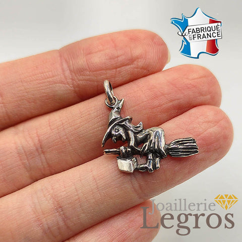 Pendentif Sorcière Sur Balai En Argent 925 - 22x29 Mm, Amulette Talisman, Bijou Fantaisie Thème Magique