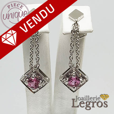 Bijou Boucles d'oreilles Saphirs Roses 8 diamants 0,01 ct en or blanc 18 carats joaillerie legros bijouterie