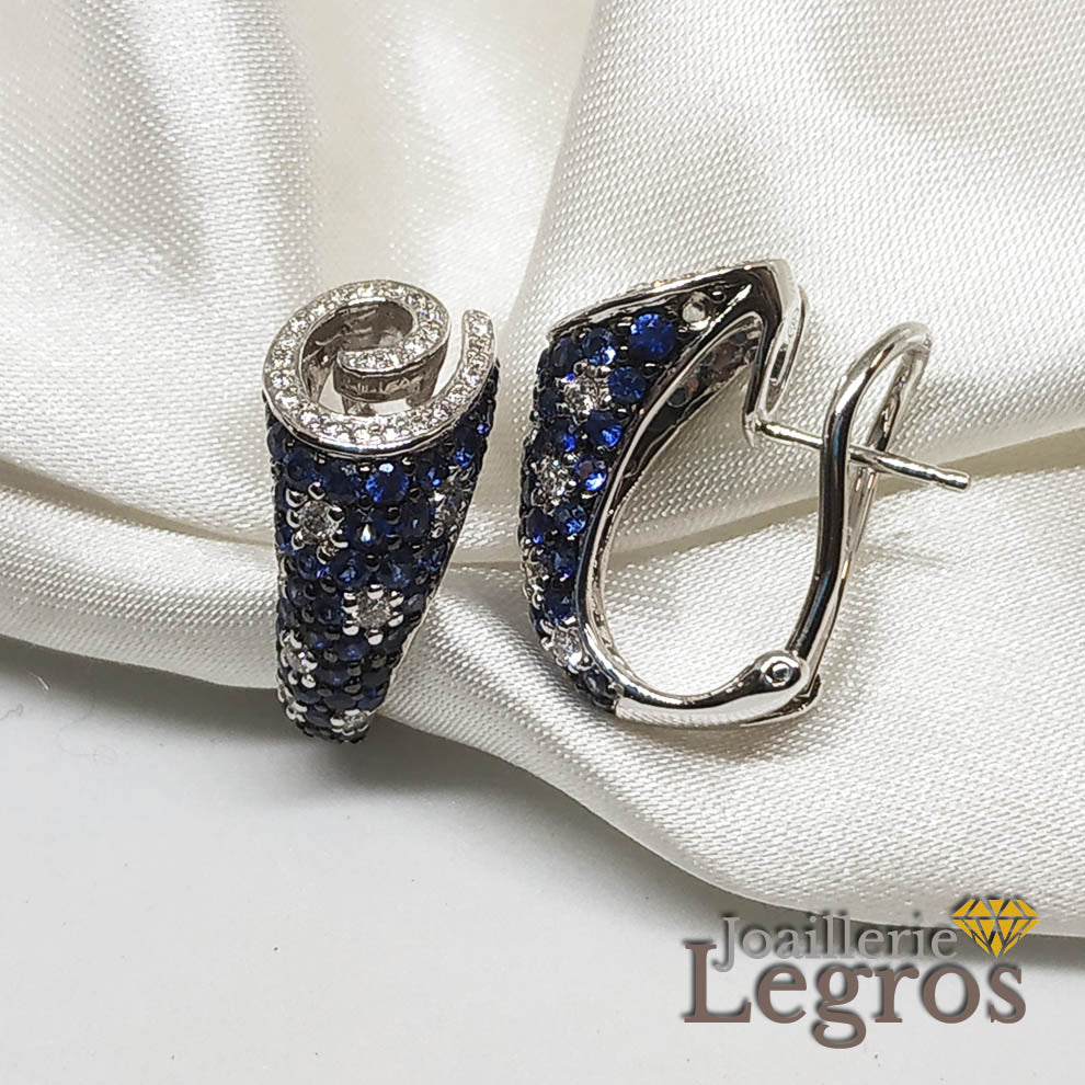 Bijou Demi-créoles boucles d'oreilles Saphirs et Diamants en or blanc 18 carats joaillerie legros bijouterie