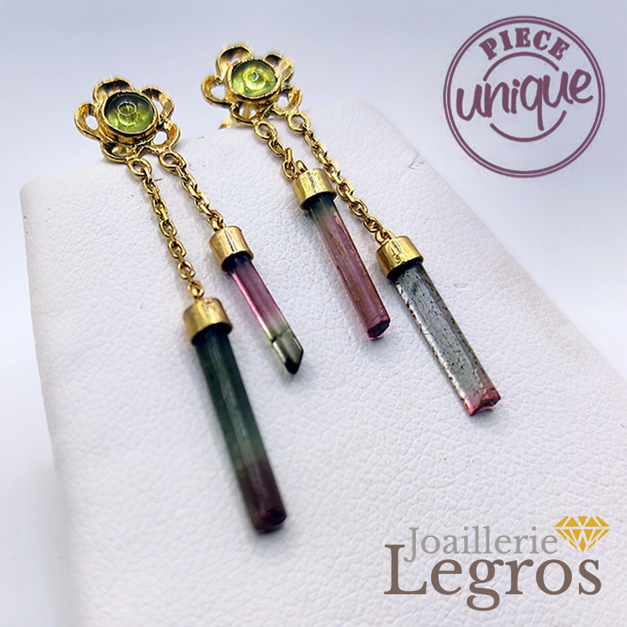 Bijou Boucles d'oreilles pendantes asymétriques tourmalines et péridots Fleurs Or 18 carats joaillerie legros bijouterie