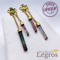 Bijou Boucles d'oreilles pendantes asymétriques tourmalines et péridots Fleurs Or 18 carats joaillerie legros bijouterie