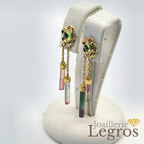Bijou Boucles d'oreilles pendantes asymétriques tourmalines et péridots Fleurs Or 18 carats joaillerie legros bijouterie
