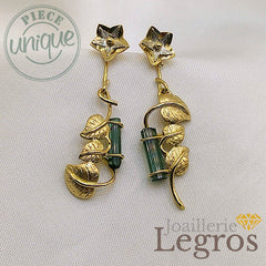 Bijou Boucles d'oreilles feuilles or pendantes tourmaline verte joaillerie legros bijouterie