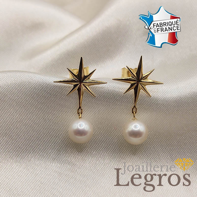 Bijou Boucles d'oreilles Rose des vents Boussole en or et perles joaillerie legros bijouterie