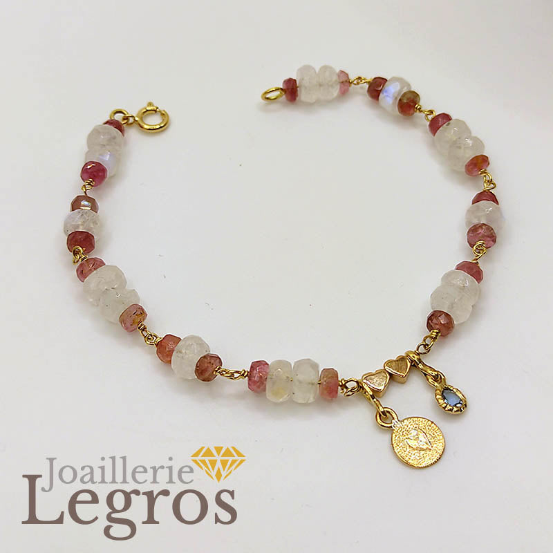 Bijou Bracelet pierre naturelle Pierre de lune Tourmaline Rubellite Breloques Or joaillerie legros bijouterie