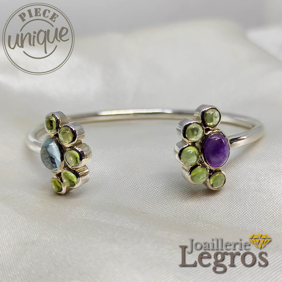 Bijou Bracelet jonc ouvert en argent 925 et péridots améthyste et aigue marine joaillerie legros bijouterie