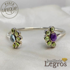 Bijou Bracelet jonc ouvert en argent 925 et péridots améthyste et aigue marine joaillerie legros bijouterie