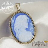 Bijou Pendentif camée bleu ovale visage de femme et or blanc 18 carats joaillerie legros bijouterie