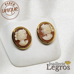 Bijou Boucles d'oreilles camée coquille visage de femme et or jaune 18 carats joaillerie legros bijouterie