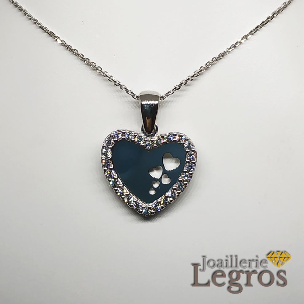 Bijou Collier coeur en or blanc 18 carats et oxydes joaillerie legros bijouterie