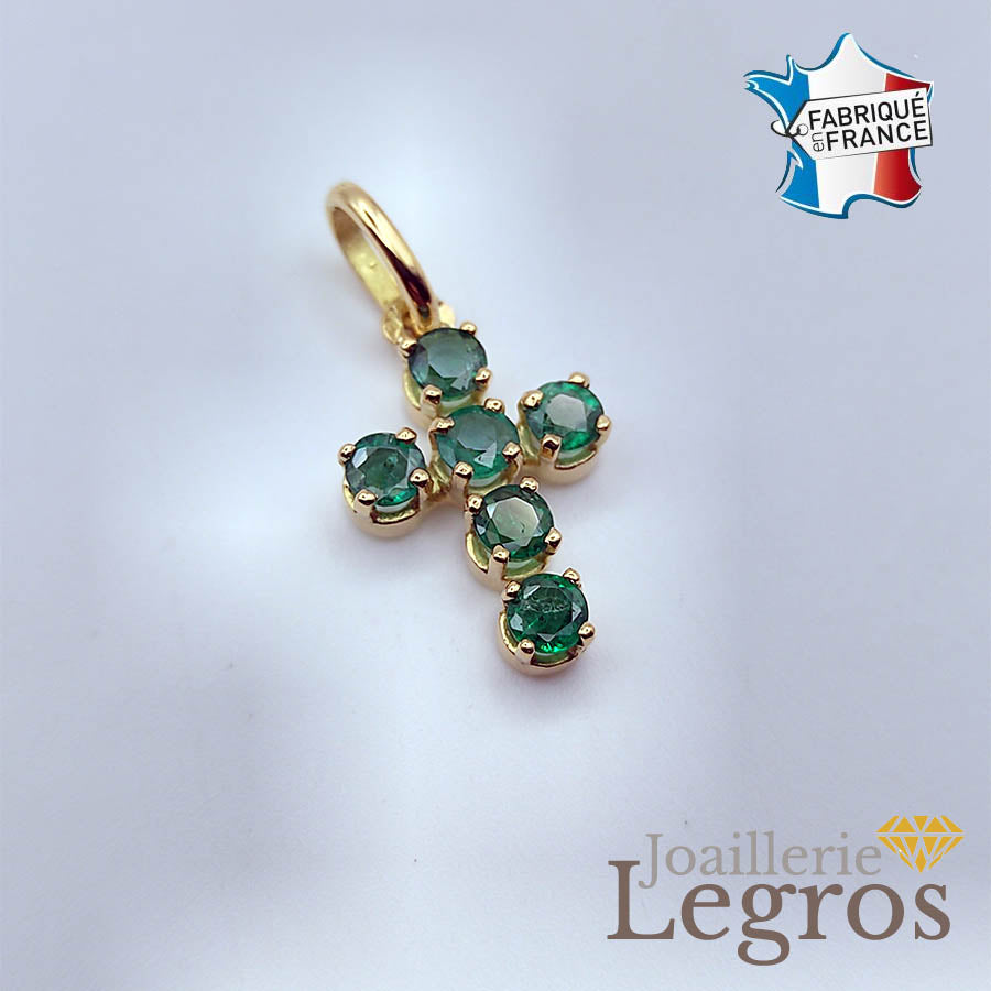 Bijou Pendentif croix or jaune 18 carats et ses 6 pierres précieuses (Rubis ou Emeraudes) joaillerie legros bijouterie