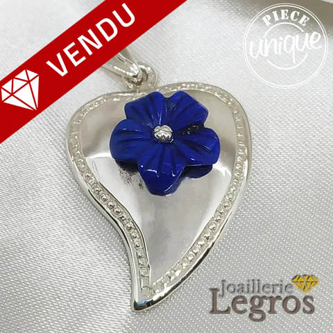 Bijou Pendentif Coeur et Fleur Lapis Lazuli en argent 925 joaillerie legros bijouterie