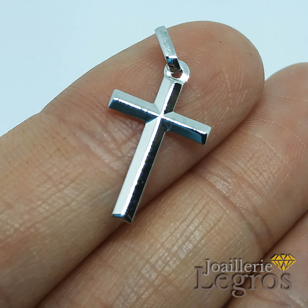Bijou Pendentif croix or blanc 18 carats biseautée joaillerie legros bijouterie