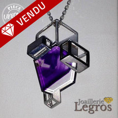 Bijou Pendentif géométrie en 3D avec améthyste en or blanc joaillerie legros bijouterie