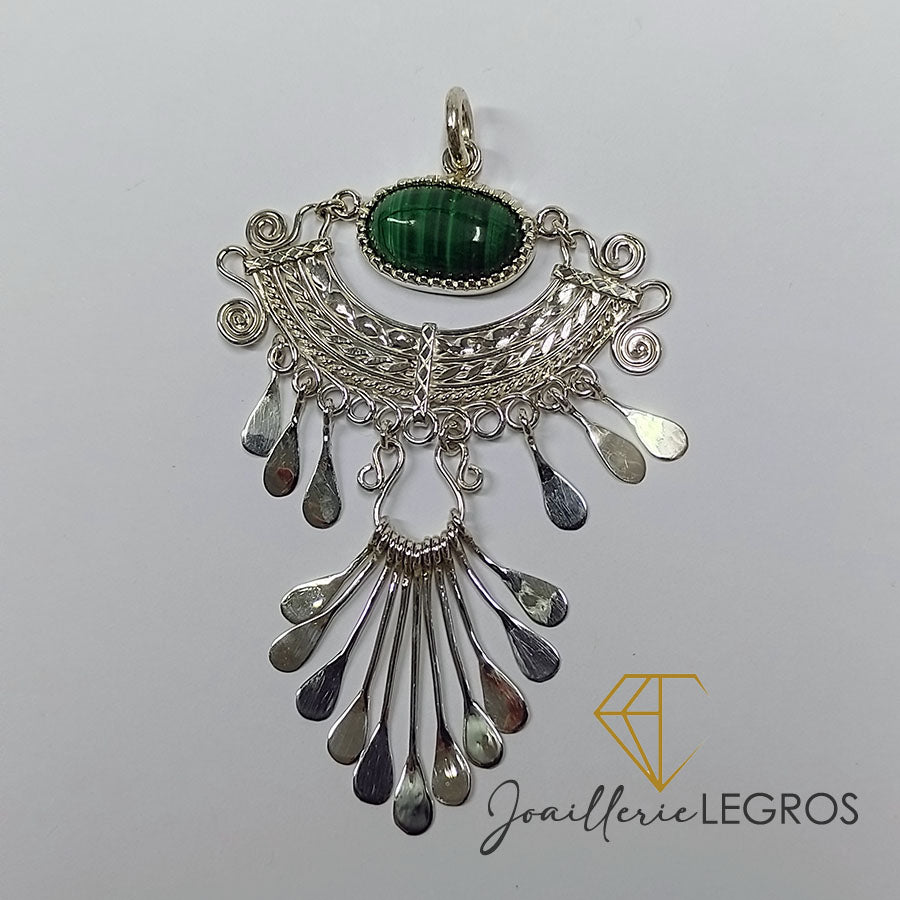 Bijou Pendentif Esprit Inca avec turquoise ou malachite ovale en argent 925 joaillerie legros bijouterie