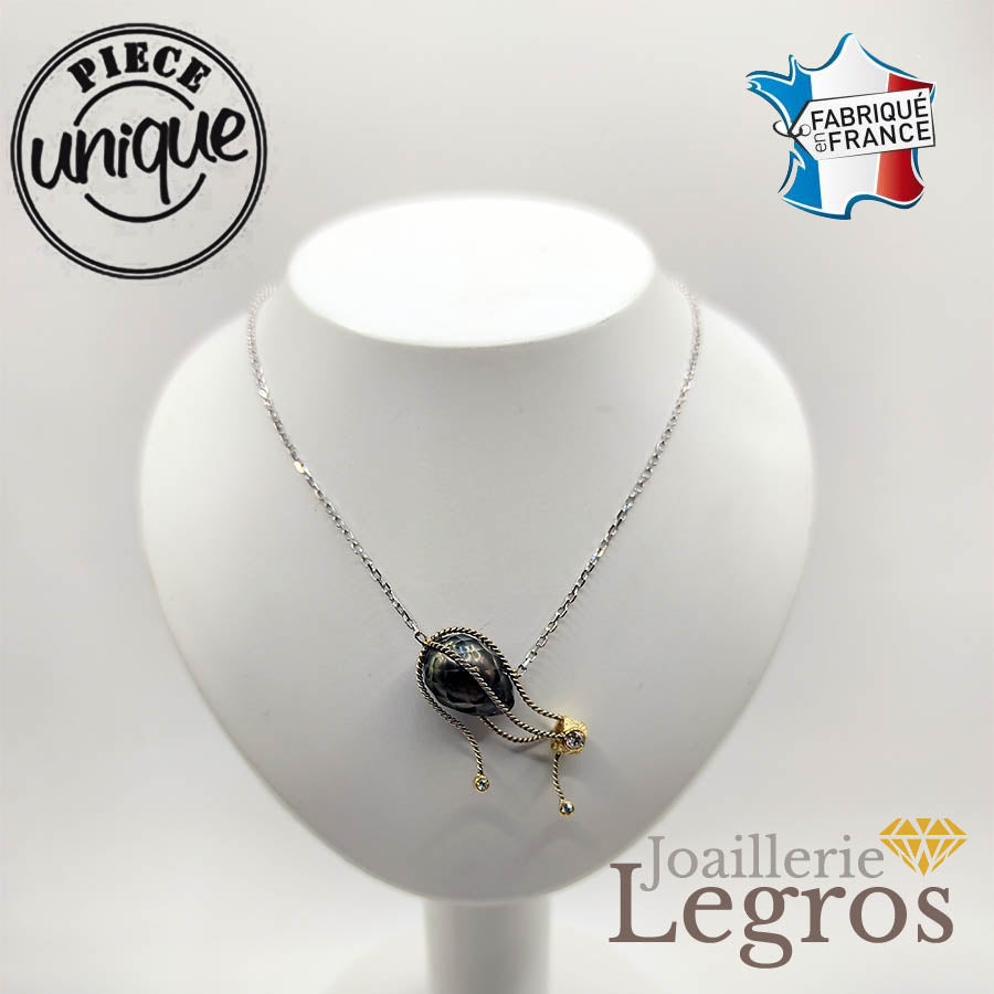 Bijou Collier Montgolfière Perle de tahiti facettée et diamants Or 18 carats joaillerie legros bijouterie