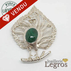 Bijou Pendentif / Broche Paon en malachite Argent 925 joaillerie legros bijouterie