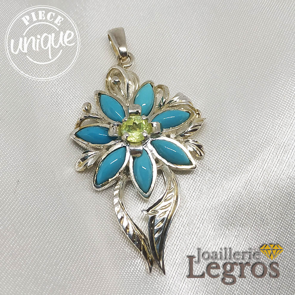 Bijou Pendentif Fleur Turquoises Peridot en argent 925 joaillerie legros bijouterie