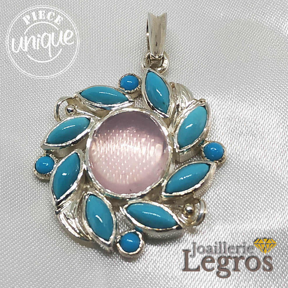 Bijou Pendentif Quartz rose et Turquoises original en argent 925 joaillerie legros bijouterie