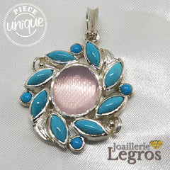 Bijou Pendentif Quartz rose et Turquoises original en argent 925 joaillerie legros bijouterie