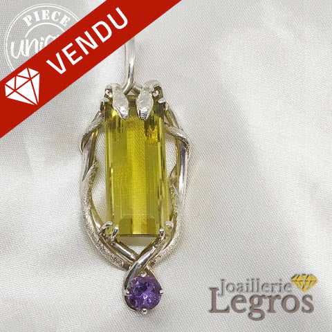 Bijou Pendentif Serpents argent 925 Quartz Lemon et Améthyste joaillerie legros bijouterie