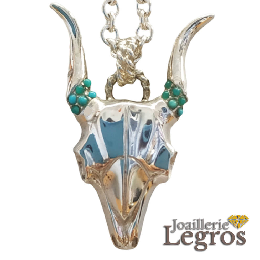 Bijou Collier tête de buffle avec turquoises en argent 925 joaillerie legros bijouterie
