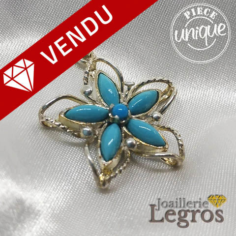 Bijou Pendentif Fleur 6 Turquoises en argent 925 joaillerie legros bijouterie