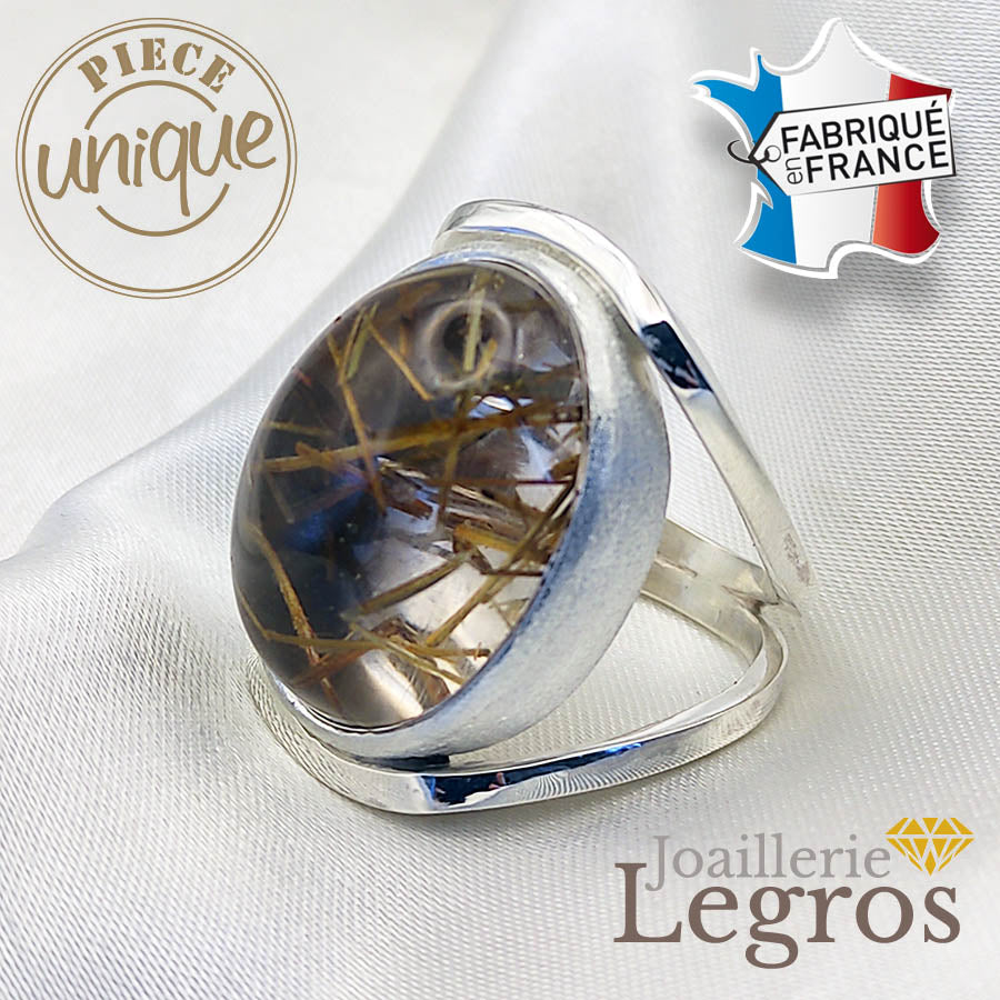 Bijou Bague argent 925 Quartz Rutilé Cabochon joaillerie legros bijouterie