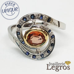 Bijou Bague or blanc 18 carats Saphir orangé et saphirs bleus joaillerie legros bijouterie