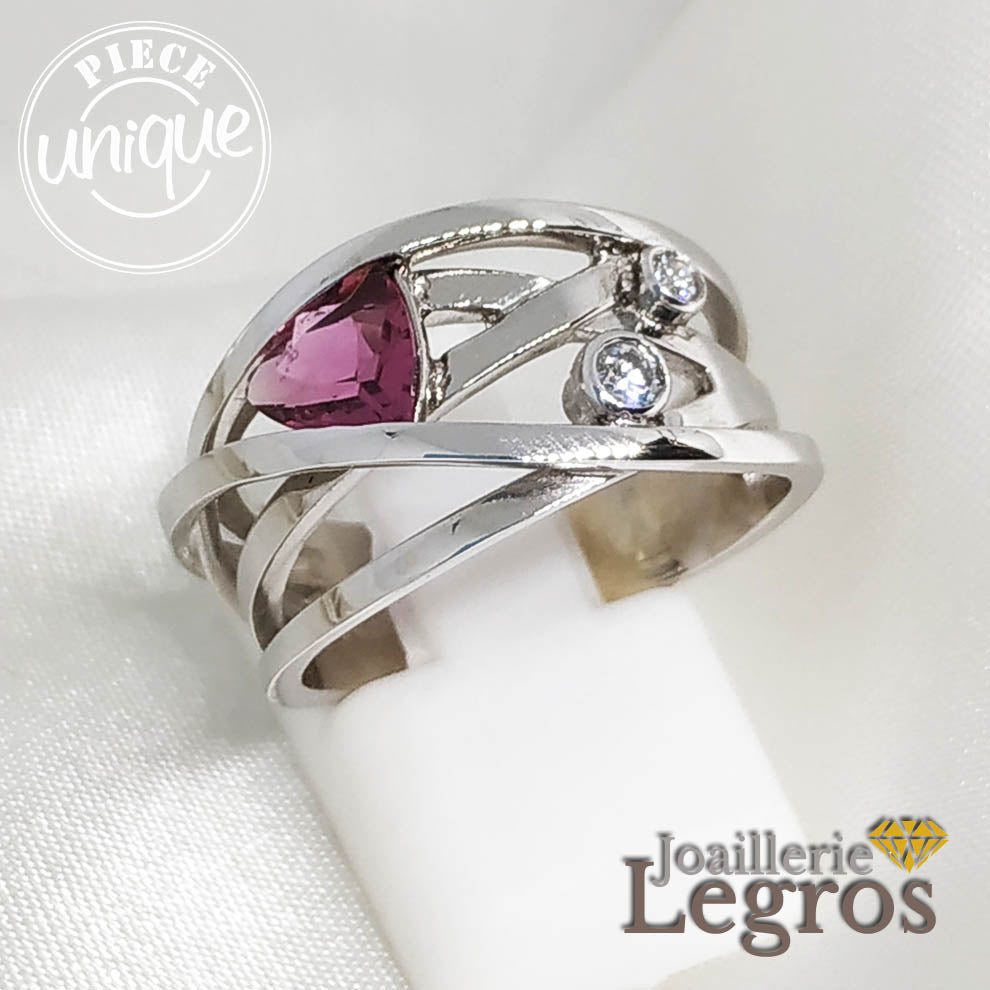Bijou Bague Tourmaline rose ou Rubellite et Diamants en Or blanc 18 carats joaillerie legros bijouterie