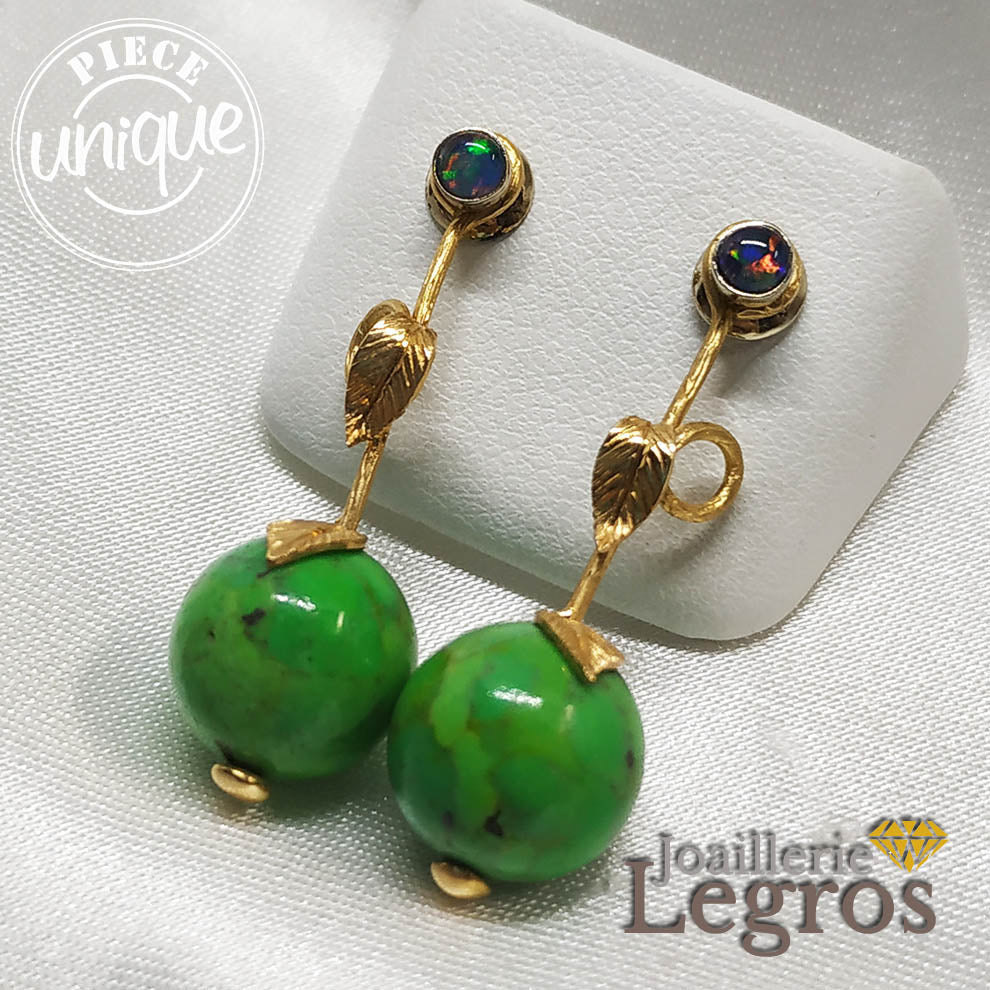 Bijou Boucles d'oreilles turquoises vertes et triplés d'opales en or jaune 18 carats joaillerie legros bijouterie